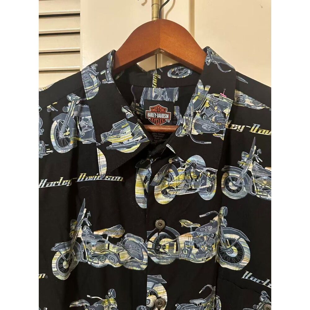 Harley Davidson Hawaiian Shirt Men's 2XL Black Motorcycle Print Viscose USA Made